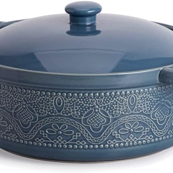 Lace Emboss Casserole Dish with Lid, 2 Quart Oven to Table Ceramic Round Serving Dish with Handles for Dinner and Party, Thanksgiving Christmas Gifts(Grayish Blue)