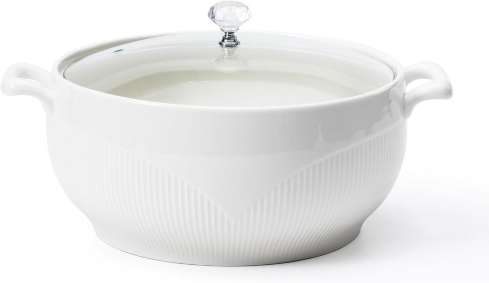 Large Ceramic Soup Tureen With Glass Lid - Porcelain Big Serving Bowl with Handles for Restaurant, Home Kitchen Decoration - Cute Covered Tureen, White, 3.5QT