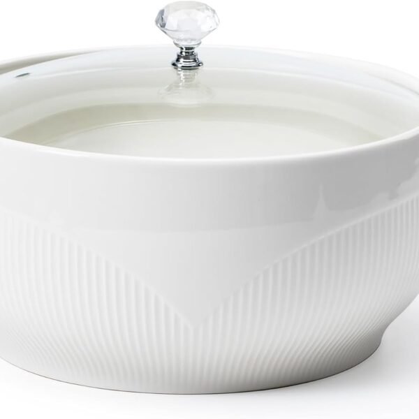 Large Ceramic Soup Tureen With Glass Lid - Porcelain Big Serving Bowl with Handles for Restaurant, Home Kitchen Decoration - Cute Covered Tureen, White, 3.5QT