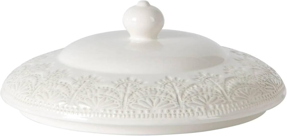 Vintage Lace Stoneware Tureen, Cream ?C 11" x 9.25", Embossed Lace Pattern, Durable & Dishwasher Safe, Serveware for Soups, Stews, and Side Dishes - Image 2