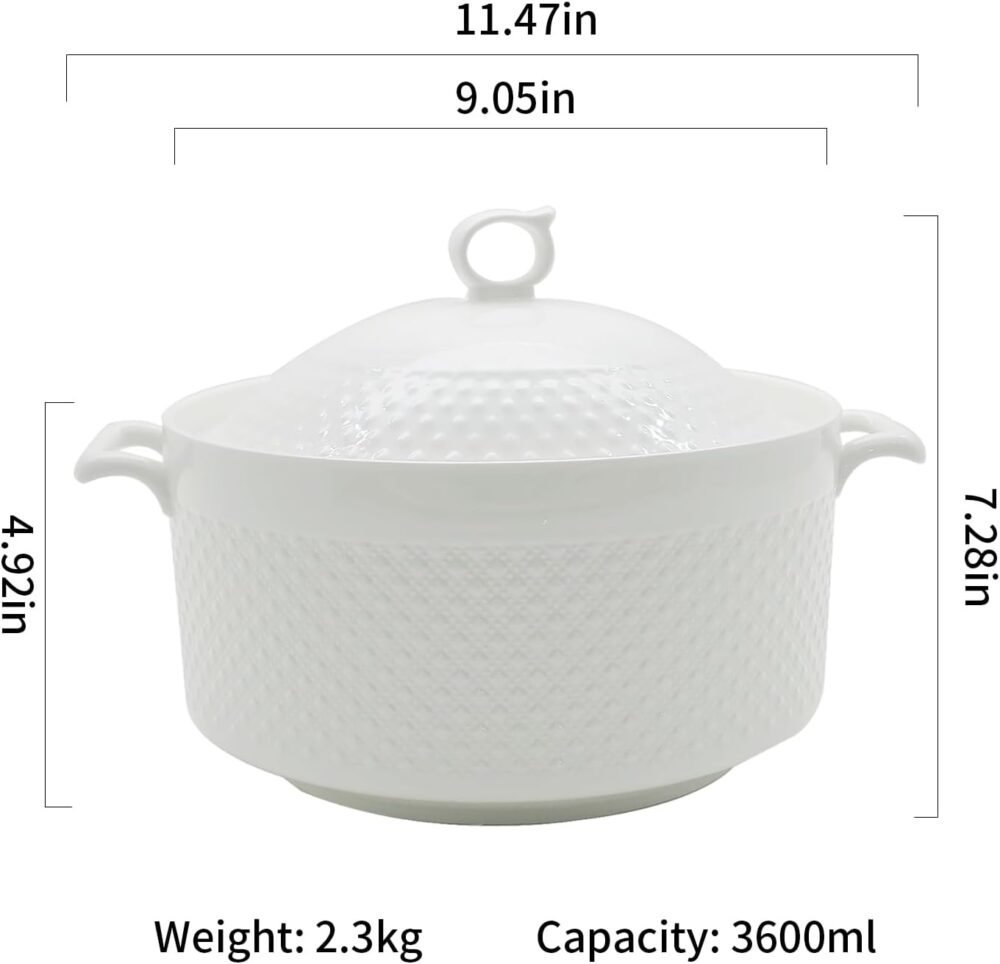 Ceramic Soup Tureen, Ceramic Soup Pot, 3.8L Large Capacity Serving Bowl with Lid and Handles for Salad Pasta Noodles Stew, Microwave and Dishwasher Safe, Porcelain, Round, White - Image 2