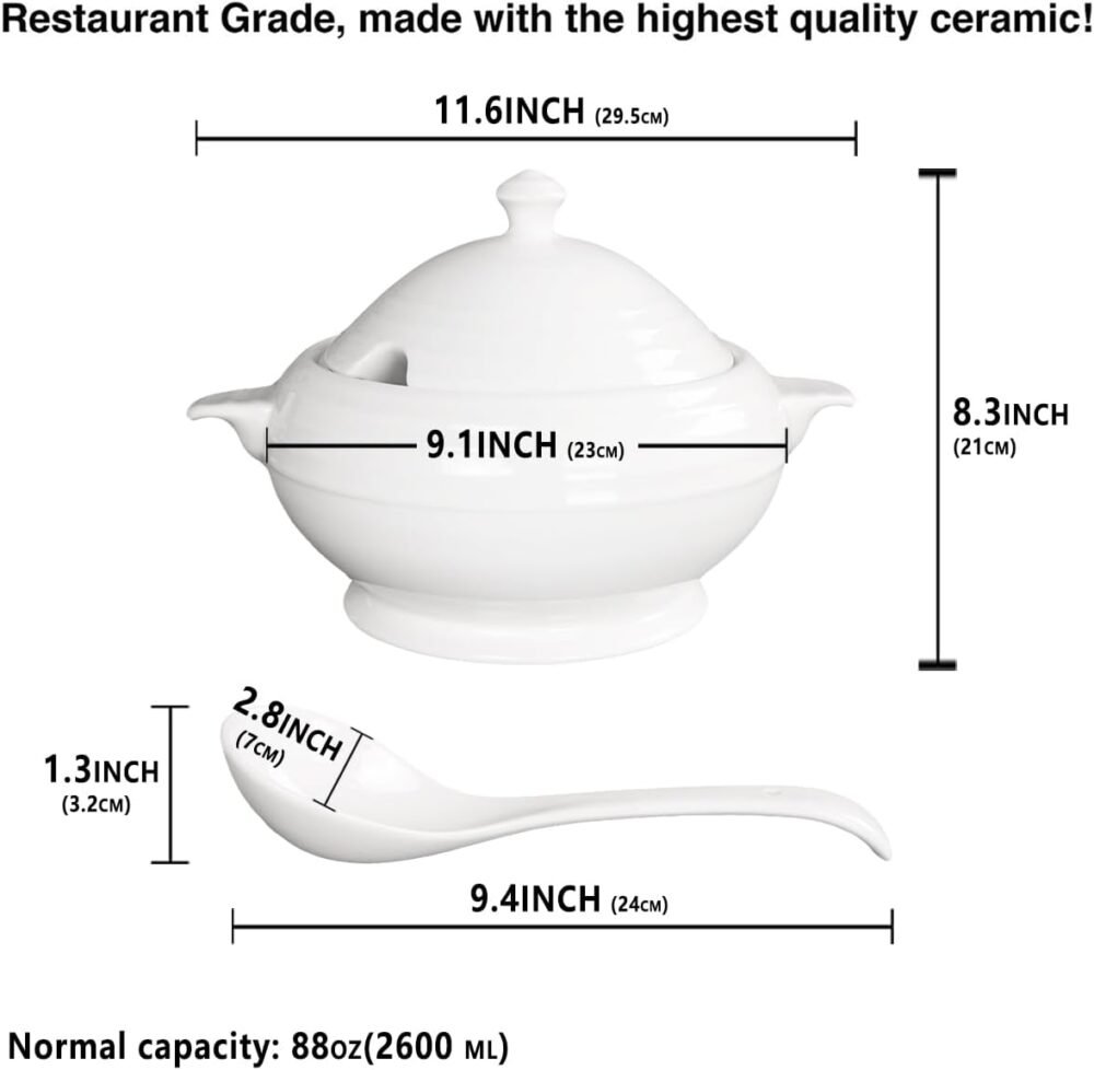 Casserole Dish with Serving Handles, 2.7 Qt soup Tureen With Lid and a 9.4-inch Spoon, for Dinner and Party Microwave Safe 11.6 Inch - Image 2