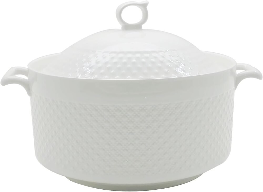 Ceramic Soup Tureen, Ceramic Soup Pot, 3.8L Large Capacity Serving Bowl with Lid and Handles for Salad Pasta Noodles Stew, Microwave and Dishwasher Safe, Porcelain, Round, White