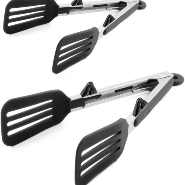 Kitchen Tongs 9 inches and 12 inches Fish Spatula Stainless Steel Locking with Silicone Tips Cooking Salad Buffet BBQ Serving Tongs Heat Resistant Meat Turner Spatula Tongs, Black