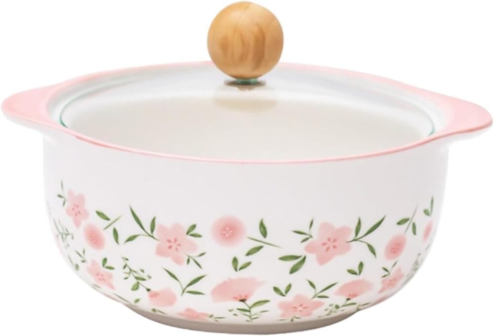 Ceramic Soup Tureen with Glass Lid, Large Capacity Porcelain Serving Soup Bowl, White Round Instant Noodle Pot for Home Kitchen Restaurant Decoration