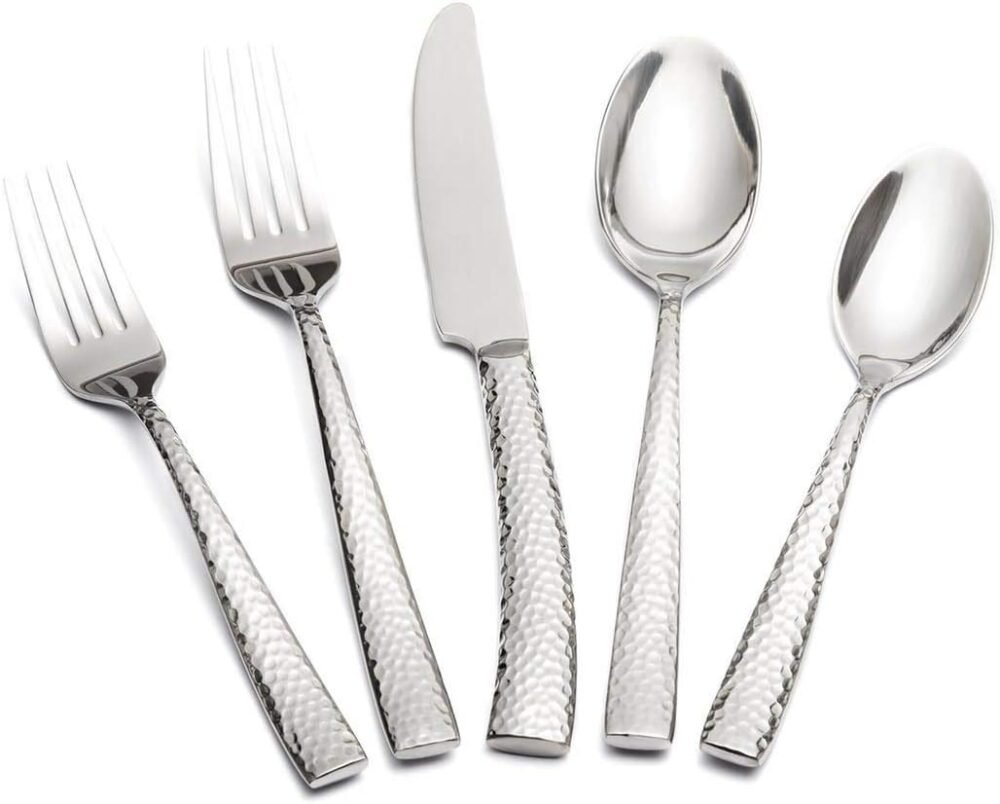 Silverware Set Flatware Set Hammered Pattern Stainless Steel Cutlery Set Silver Mirror Polished 40 Pieces Service for 8