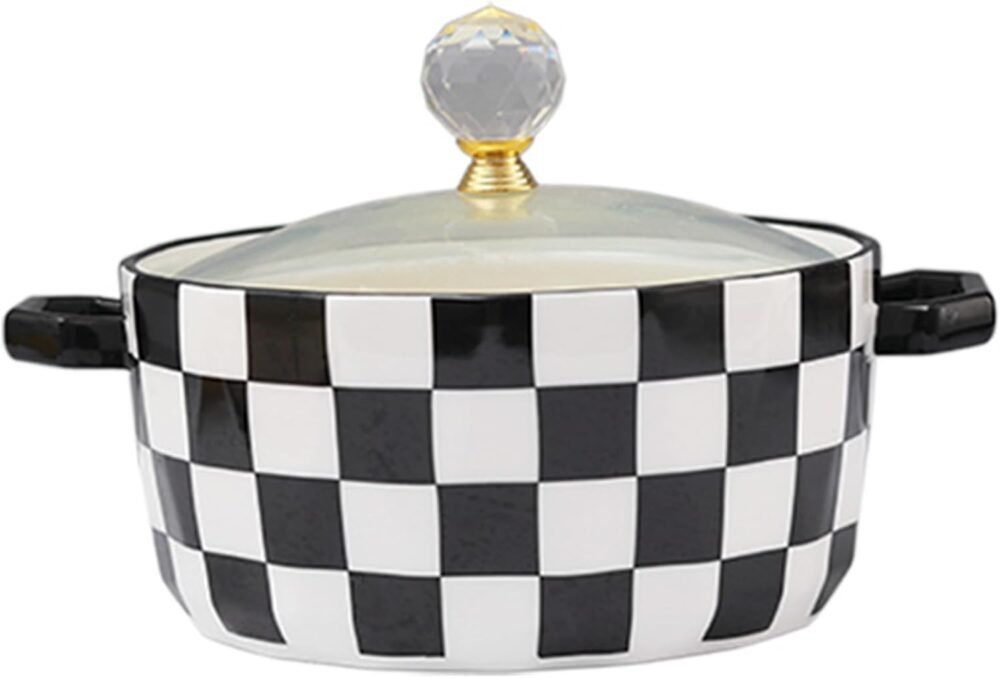 Ceramic Soup Tureen with Glass Lid Porcelain Serving Soup Tureen Large Capacity Ceramic Serving Soup Bowl with Handle White Porcelain for Restaurant Home Kitchen Decoration,Light Black
