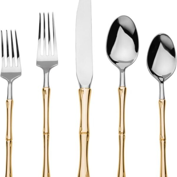 Flatware Set, Dinnerware Set, Salad Forks, Dessert Forks, Dinner Forks, Tablespoon, Tea Spoon and Knife, Gold 20 Piece Set