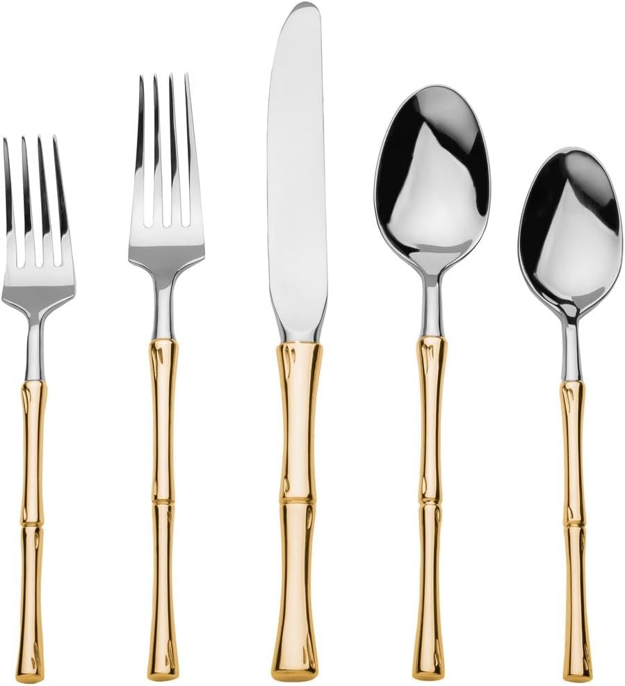 Flatware Set, Dinnerware Set, Salad Forks, Dessert Forks, Dinner Forks, Tablespoon, Tea Spoon and Knife, Gold 20 Piece Set