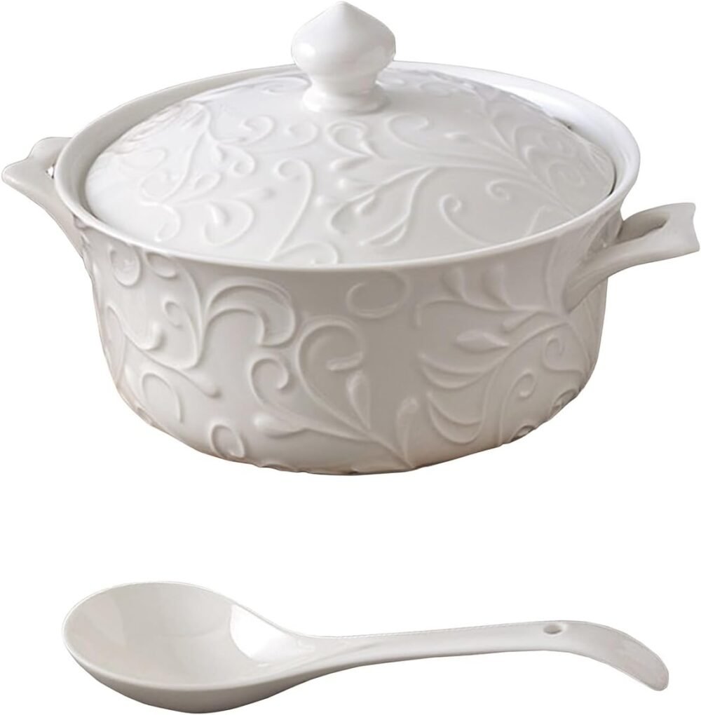 Ceramic Soup Tureen Set with Lid & Ladle - Oven-Safe for Baked Casseroles, Soups, and Stews - 2.5 L Large Volume (Flower Vine Pattern)