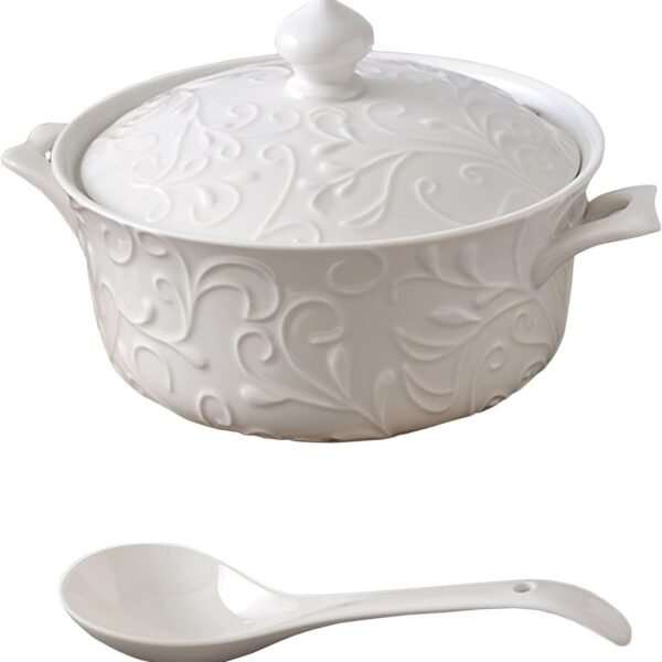 Ceramic Soup Tureen Set with Lid & Ladle - Oven-Safe for Baked Casseroles, Soups, and Stews - 2.5 L Large Volume (Flower Vine Pattern)