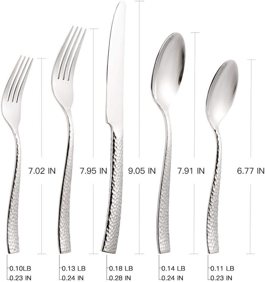 Silverware Set Flatware Set Hammered Pattern Stainless Steel Cutlery Set Silver Mirror Polished 40 Pieces Service for 8 - Image 2