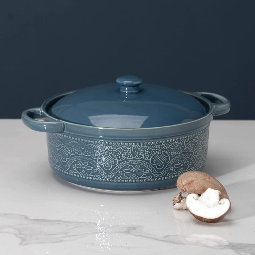 Lace Emboss Casserole Dish with Lid, 2 Quart Oven to Table Ceramic Round Serving Dish with Handles for Dinner and Party, Thanksgiving Christmas Gifts(Grayish Blue) - Image 2
