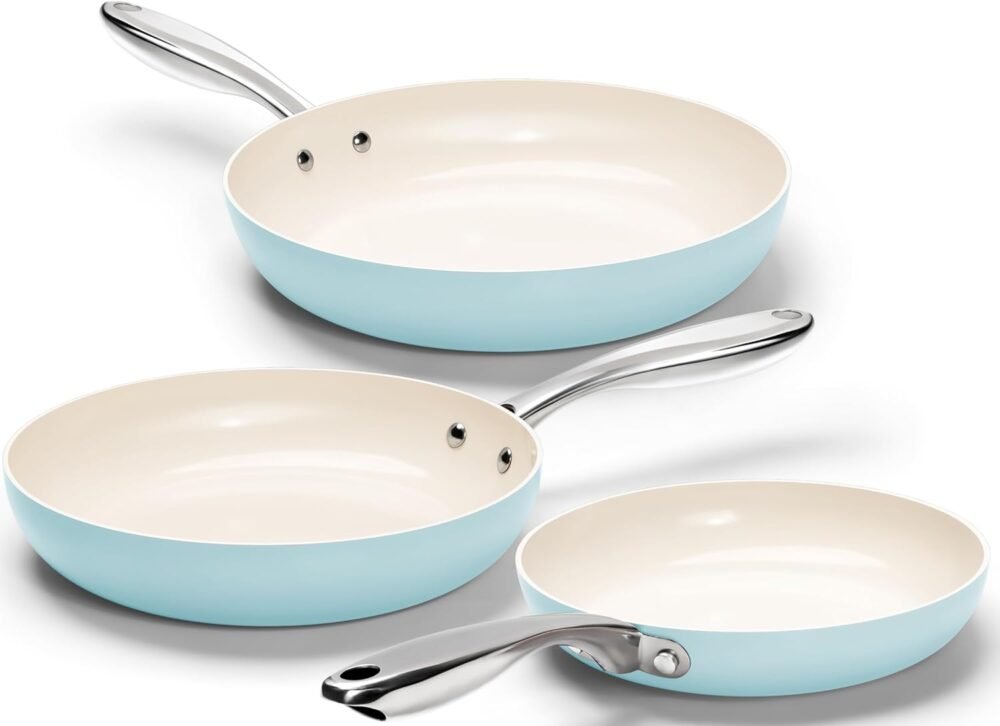 Non Stick Frying Pans Set - Ceramic Frying Pans Nonstick, 8'', 9.5'' & 11'' Nonstick Frying Pan Set, Non-Toxic, Ceramic-Coated, Light Blue
