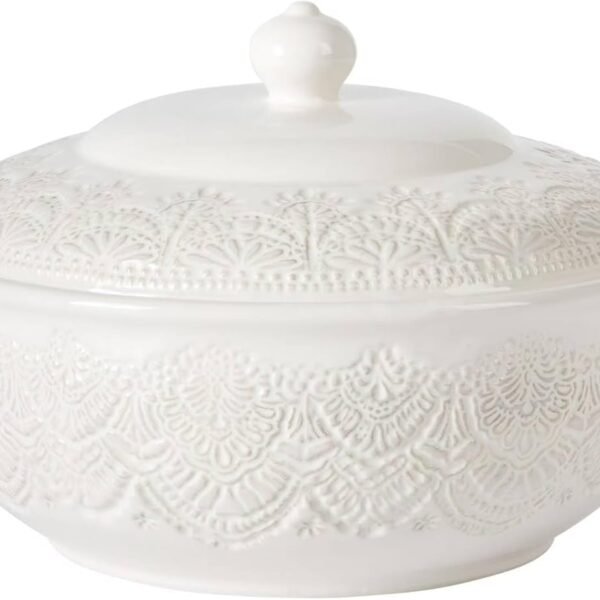 Vintage Lace Stoneware Tureen, Cream ?C 11" x 9.25", Embossed Lace Pattern, Durable & Dishwasher Safe, Serveware for Soups, Stews, and Side Dishes