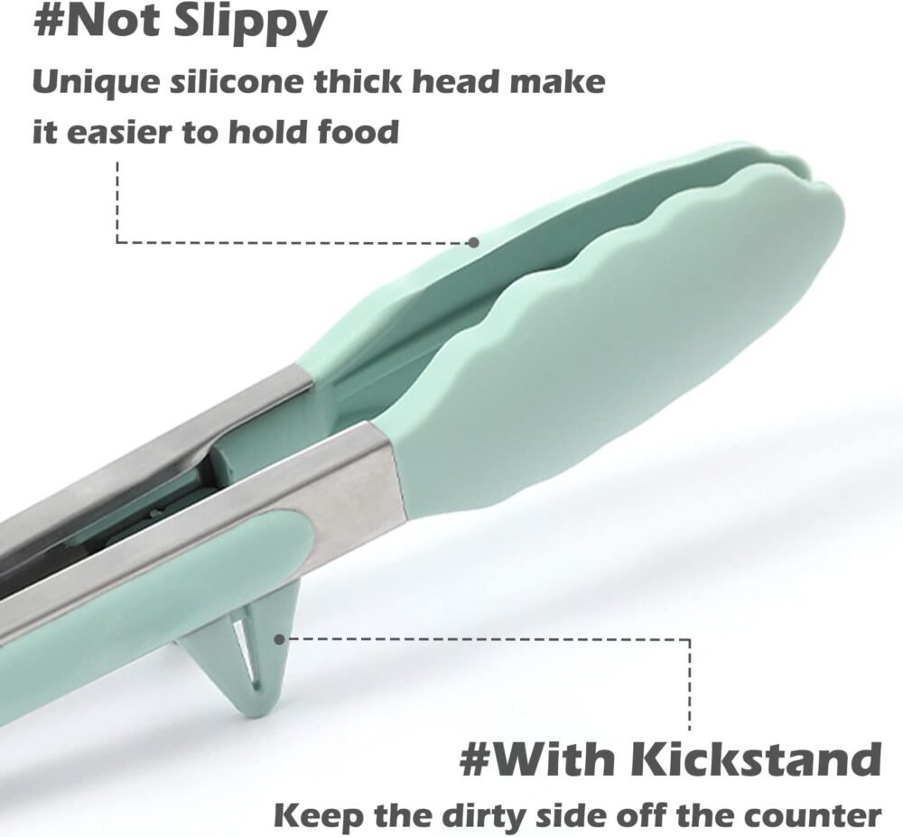 Kitchen Tongs for Cooking, 9 Inch Small Silicone Tongs, Food Grade Mini Serving Tongs with Silicone Tips, Set of 3, Green - Image 2