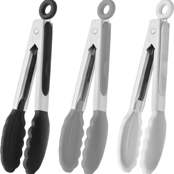 Small Silicone Tongs 7-Inch Mini Serving Tongs, Set of 3 (Black Gray White)