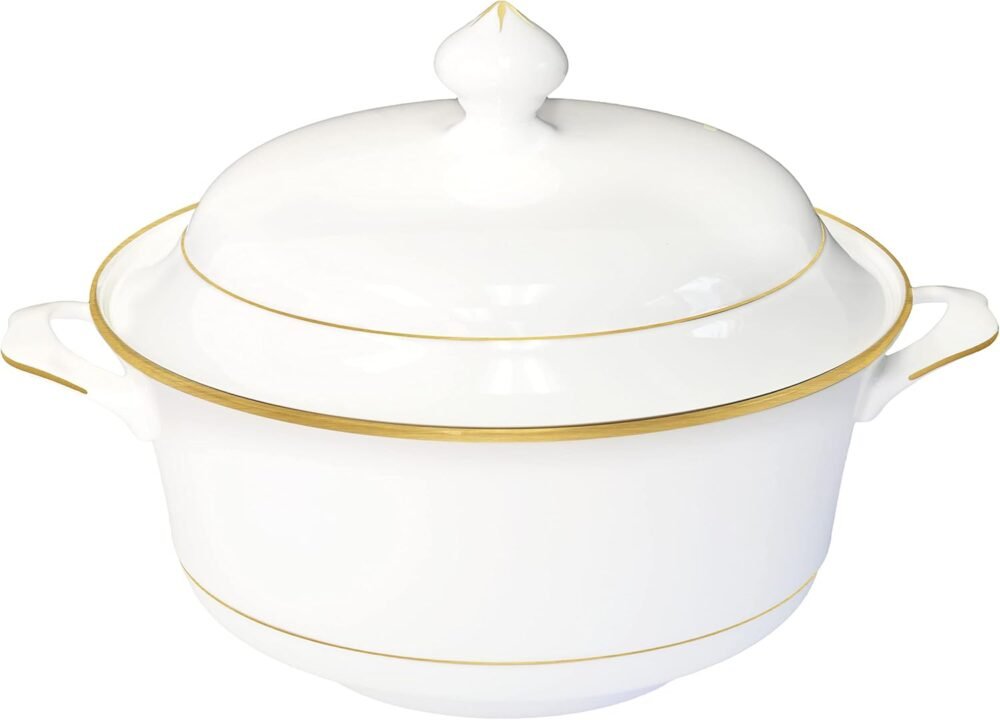 Bone China Soup Tureen with lid, 2.97QT, Gold Rim, Big Soup Bowl, 2pc set, Serveware, Big Serving Bowl, Elegant Ceramic/Porcelain, White, Translucent, Modern, Simple and resistant, Greeting dinnerware
