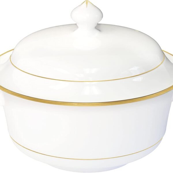 Bone China Soup Tureen with lid, 2.97QT, Gold Rim, Big Soup Bowl, 2pc set, Serveware, Big Serving Bowl, Elegant Ceramic/Porcelain, White, Translucent, Modern, Simple and resistant, Greeting dinnerware
