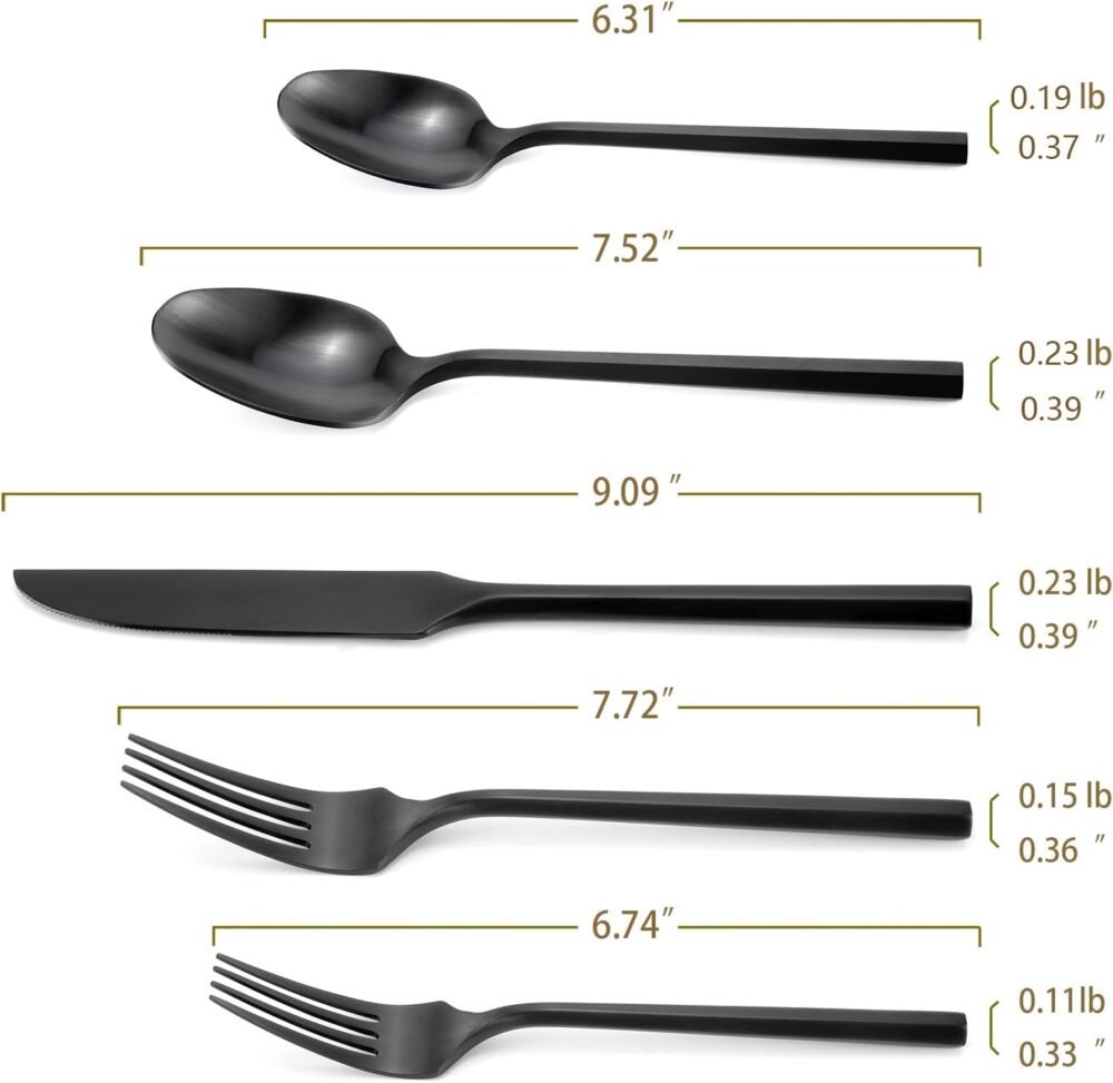 Silverware Set Flatware Set Matte Black Cutlery Set Brushed Finished Hexagon Handle Heavy Stainless Steel 40 Pieces Dishwasher Safe Service for 8 - Image 2