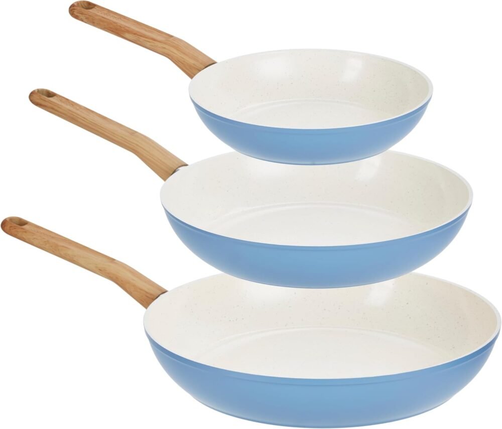 Healthy Ceramic Titanium-Infused 3-Piece Fry Pan Set, Light Blue ?C Induction Cookware, Nonstick Cooking Pan, Frying Pan Skillet for Eggs, Meats, Vegetables, Sauces, Warming Tortillas