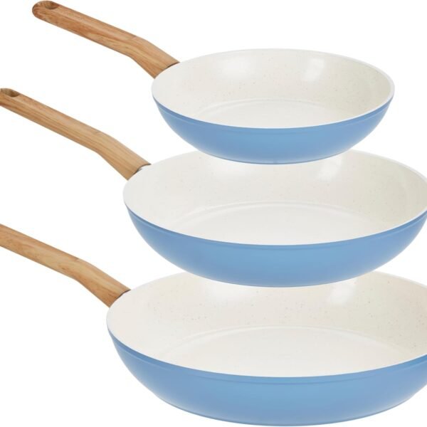 Healthy Ceramic Titanium-Infused 3-Piece Fry Pan Set, Light Blue ?C Induction Cookware, Nonstick Cooking Pan, Frying Pan Skillet for Eggs, Meats, Vegetables, Sauces, Warming Tortillas