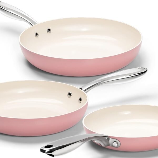 Non Stick Frying Pans Set - Ceramic Frying Pans Nonstick, 8'', 9.5'' & 11'' Nonstick Frying Pan Set, Non-Toxic, Ceramic-Coated, Pink