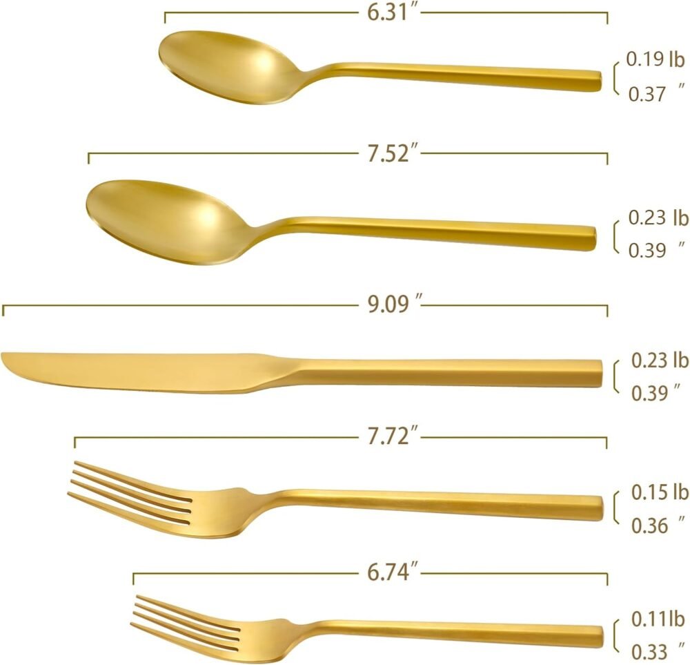Silverware Set Flatware Set Matte Gold Cutlery Set Brushed Brass Heavy Hexagon Handle Stainless Steel 40 Pieces Dishwasher Safe Service for 8 - Image 2