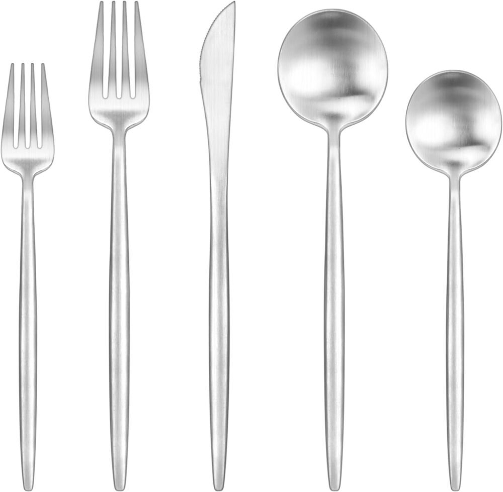 60-Piece Silverware Set for 12, Food-Grade Stainless Silver Flatware Set Include Spoons Forks Knives Matte Utensil Cutlery Set,Satin Finished & Dishwasher Safe