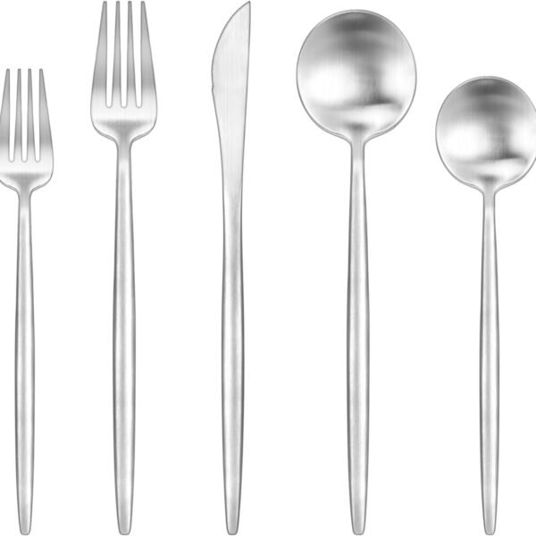 60-Piece Silverware Set for 12, Food-Grade Stainless Silver Flatware Set Include Spoons Forks Knives Matte Utensil Cutlery Set,Satin Finished & Dishwasher Safe