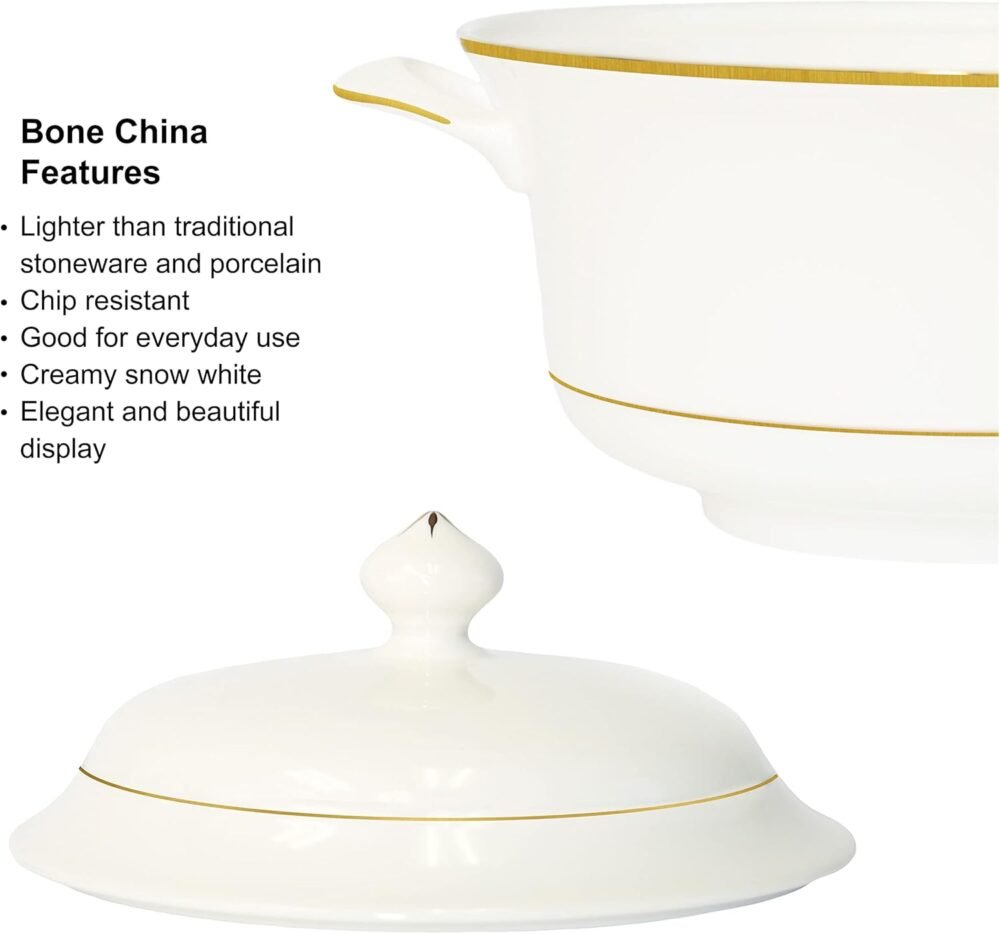 Bone China Soup Tureen with lid, 2.97QT, Gold Rim, Big Soup Bowl, 2pc set, Serveware, Big Serving Bowl, Elegant Ceramic/Porcelain, White, Translucent, Modern, Simple and resistant, Greeting dinnerware - Image 2