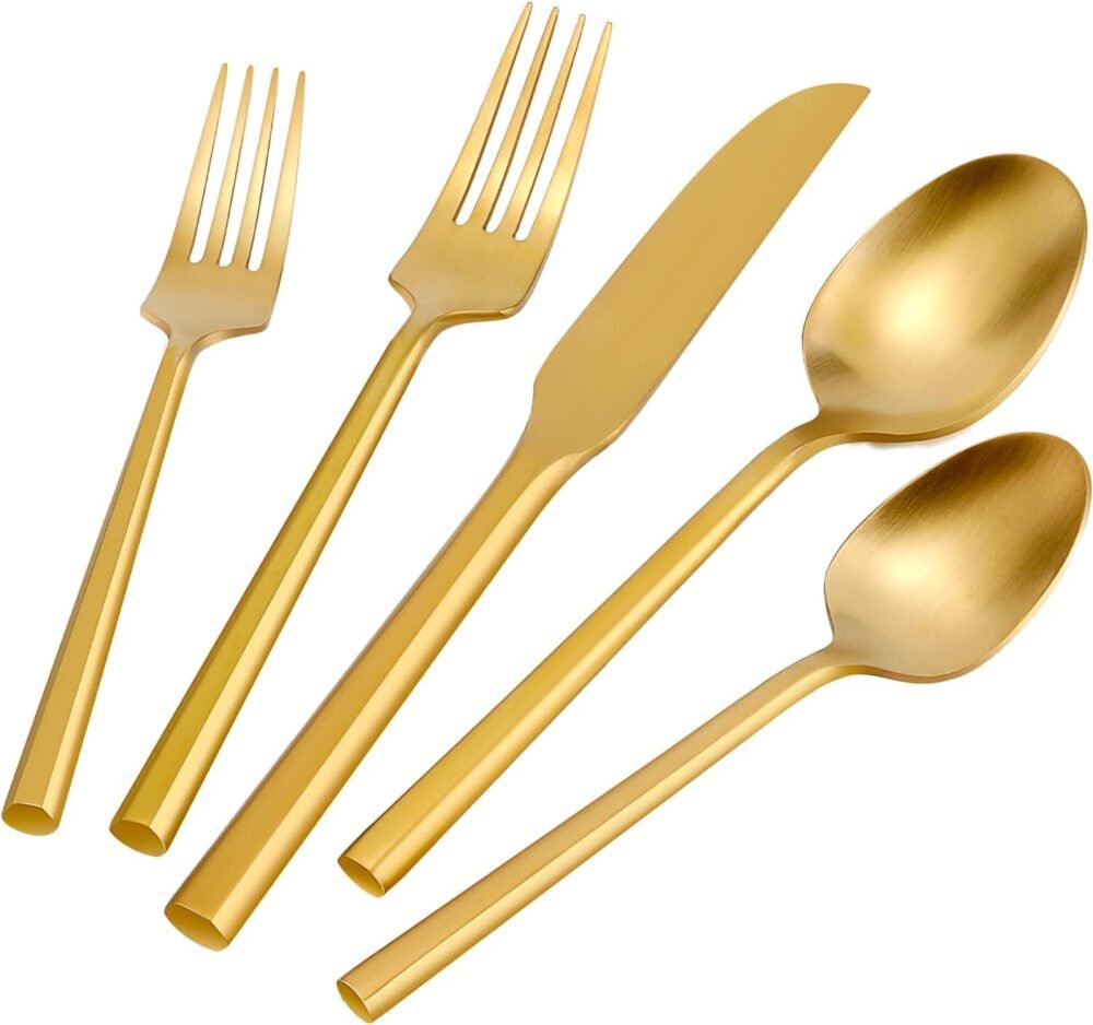 Silverware Set Flatware Set Matte Gold Cutlery Set Brushed Brass Heavy Hexagon Handle Stainless Steel 40 Pieces Dishwasher Safe Service for 8