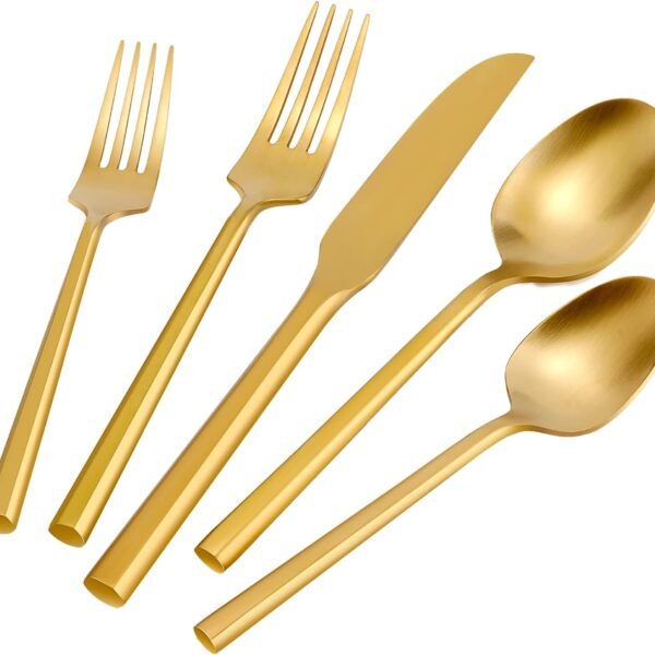 Silverware Set Flatware Set Matte Gold Cutlery Set Brushed Brass Heavy Hexagon Handle Stainless Steel 40 Pieces Dishwasher Safe Service for 8