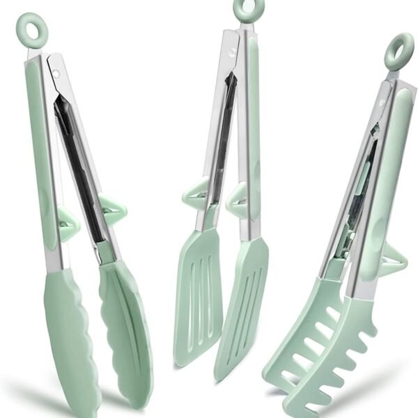 Kitchen Tongs for Cooking, 9 Inch Small Silicone Tongs, Food Grade Mini Serving Tongs with Silicone Tips, Set of 3, Green