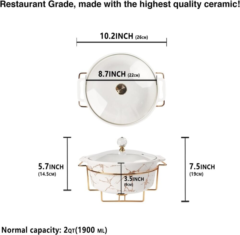 8.7" Ceramic Casserole Dish with Glass Lid and Gold rack, 2 Quart Serving Soup Tureen,Chafing Dish for Buffet, Family Food preserve Tray, Catering Casserole for Party Style - Image 2