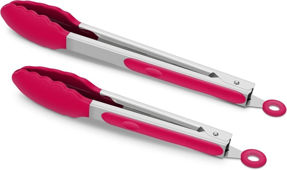 2 Pack Silicone Kitchen Tongs ?C 9" & 12" Set, Heat Resistant up to 500??F, Non?Stick Cookware Safe, Wavy Silicone Tips, BPA Free, Locking Clip & Hanging Loop, Wine Red