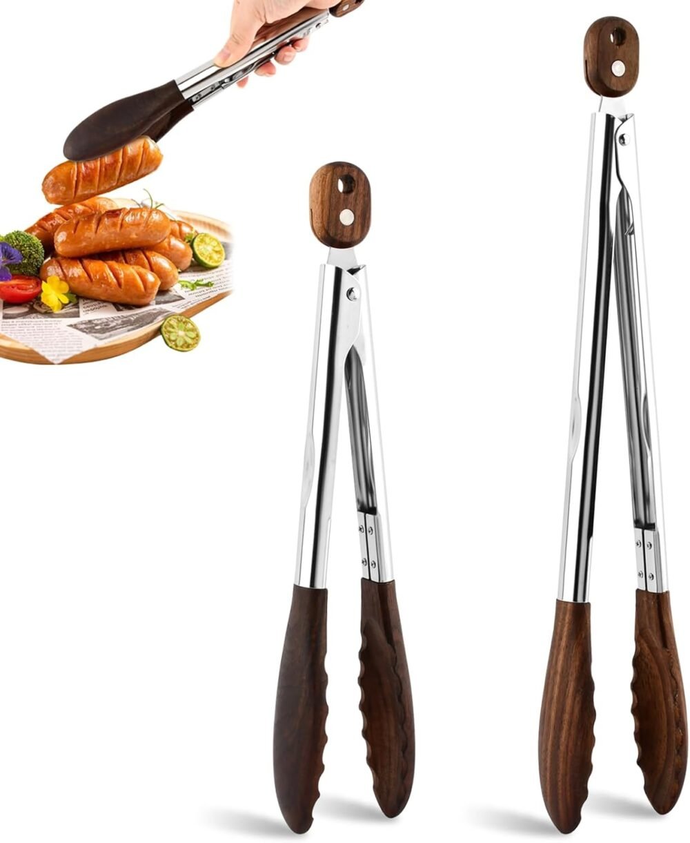 2 Pcs Wooden Tongs for Cooking & Serving Food, 12 & 15 Inch Stainless Steel Kitchen Salad Tongs with Walnut Wood Tip, Cooking Utensils Set for Salad BBQ and Serving Food