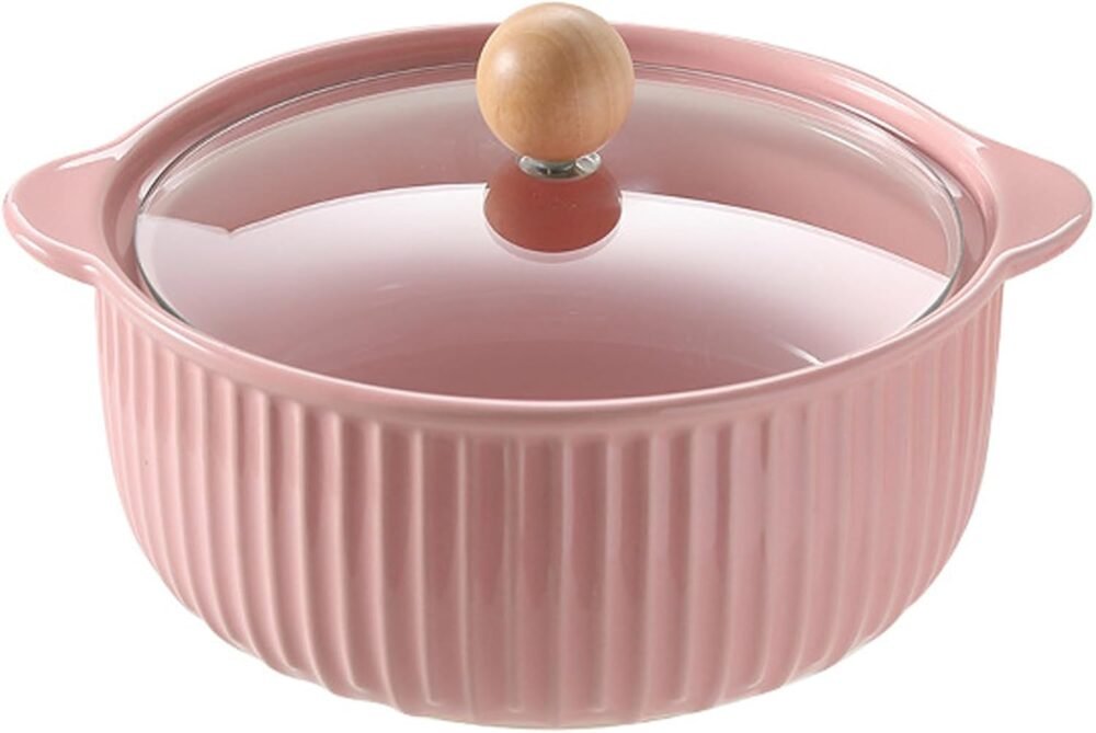Ceramic Soup Tureen with Lid, Large Capacity Porcelain Soup Bowl 800ML Round Double-Ear Covered Tureen Classic Serving Bowl for Soups for Restaurant Home Kitchen Decoration,Pink