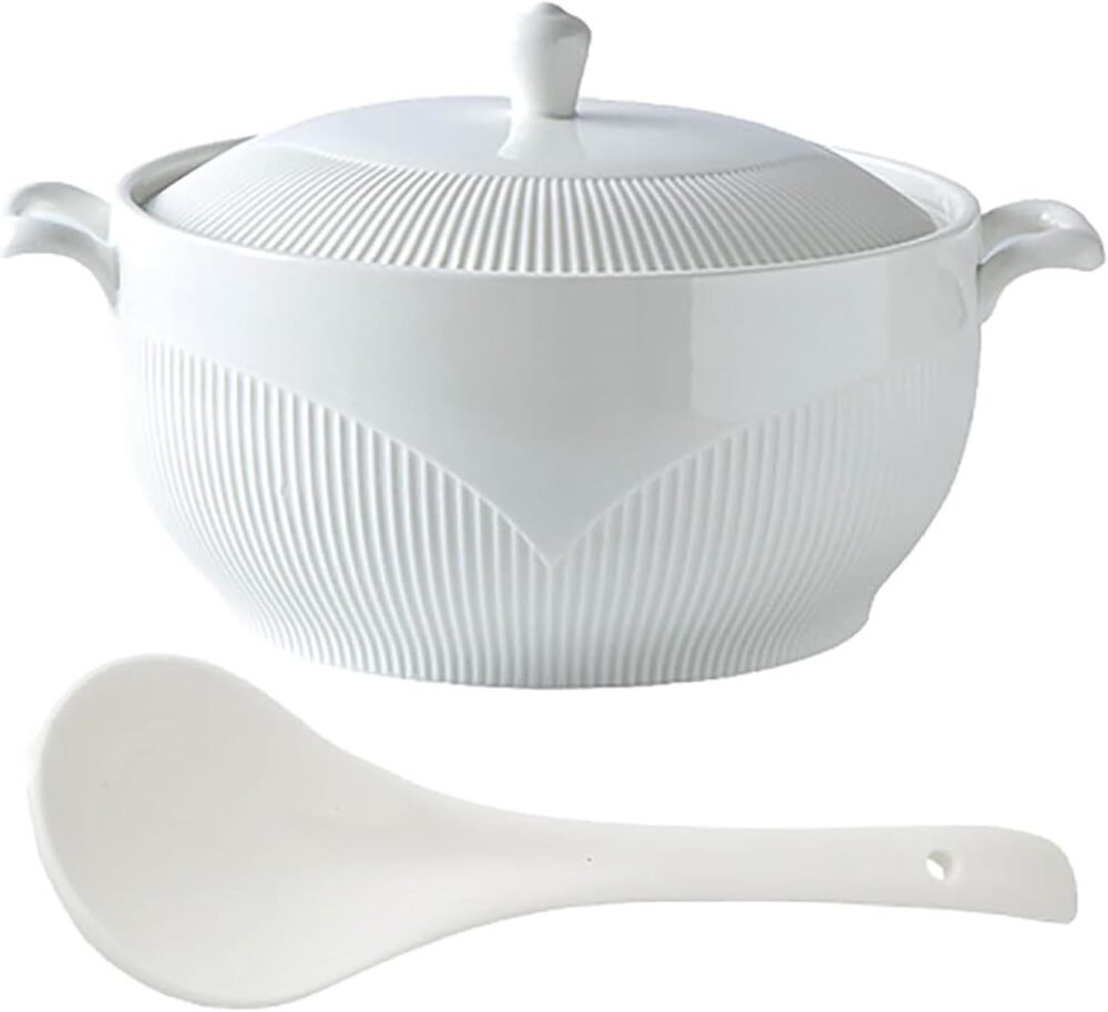 White Ceramic Soup Tureen with Lid, Large Porcelain Serving Soup Bowl with Handle and Spoon, Round Soup Pot for Home Kitchen Restaurant, Microwave and Dishwasher Safe,3L/2.75Quart