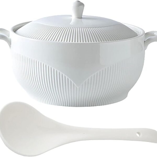 White Ceramic Soup Tureen with Lid, Large Porcelain Serving Soup Bowl with Handle and Spoon, Round Soup Pot for Home Kitchen Restaurant, Microwave and Dishwasher Safe,3L/2.75Quart