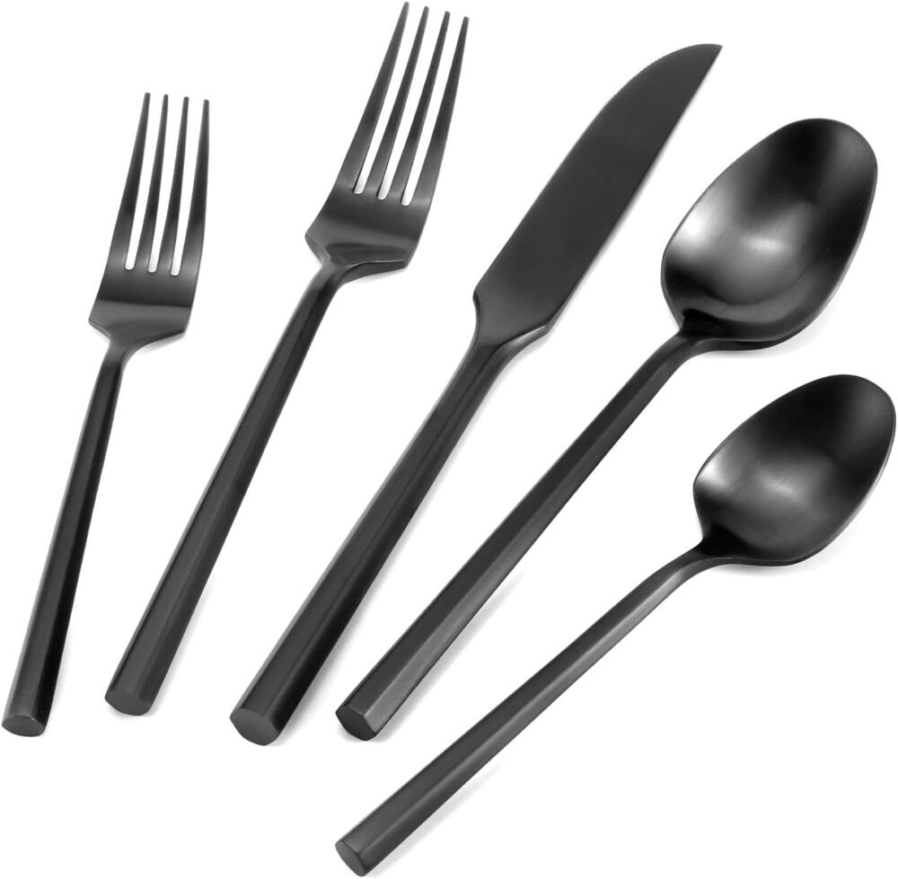 Silverware Set Flatware Set Matte Black Cutlery Set Brushed Finished Hexagon Handle Heavy Stainless Steel 40 Pieces Dishwasher Safe Service for 8