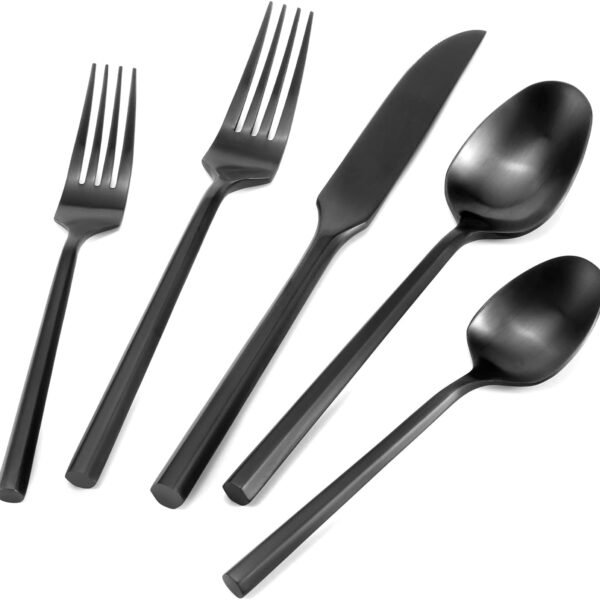 Silverware Set Flatware Set Matte Black Cutlery Set Brushed Finished Hexagon Handle Heavy Stainless Steel 40 Pieces Dishwasher Safe Service for 8