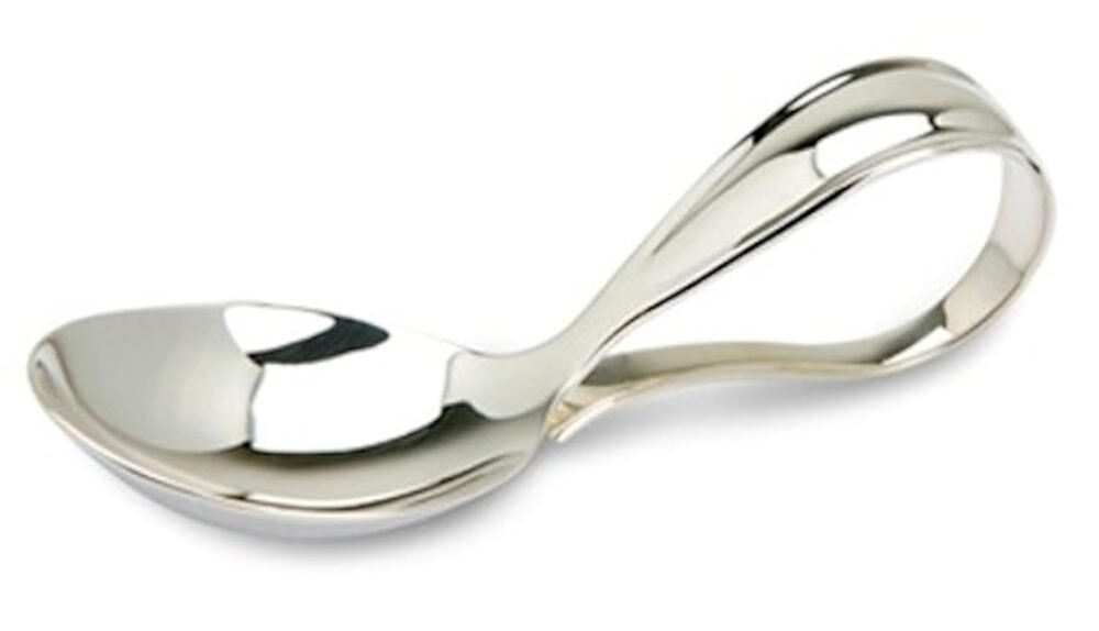 Sterling Silver Bent Curved Baby Feeding Spoon - Premium Quality Food Grade Standard .925 Solid Sterling Silver Spoon - Engravable Gift for Baby with a Beautiful Gift Box