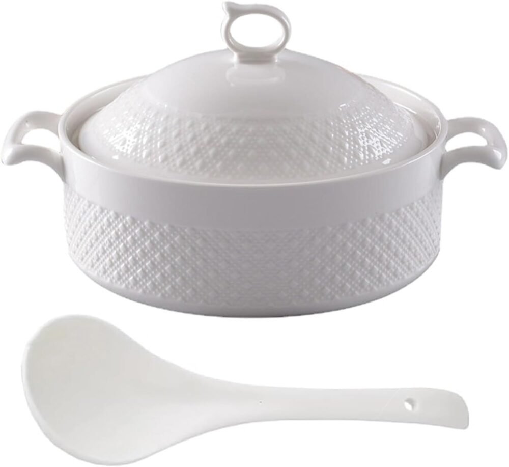 Ceramic Covered Tureen for Soup, White Soup Tureen with Gold Design Double Handle Soup Serving Bowl with Spoon Porcelain Serving Soup Tureen for Restaurant Home Kitchen Decoration,White