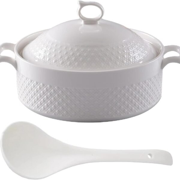 Ceramic Covered Tureen for Soup, White Soup Tureen with Gold Design Double Handle Soup Serving Bowl with Spoon Porcelain Serving Soup Tureen for Restaurant Home Kitchen Decoration,White