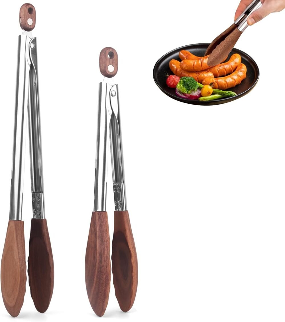 2-pcsTongs for Cooking with Wooden Tips - Nonstick Cooking Tongs & Salad Tongs for Blooming Food??Cooking, BBQ and Tossing Salad - Made of Natural Walnut Wood??Long Style15inch Short Style 11.4inch