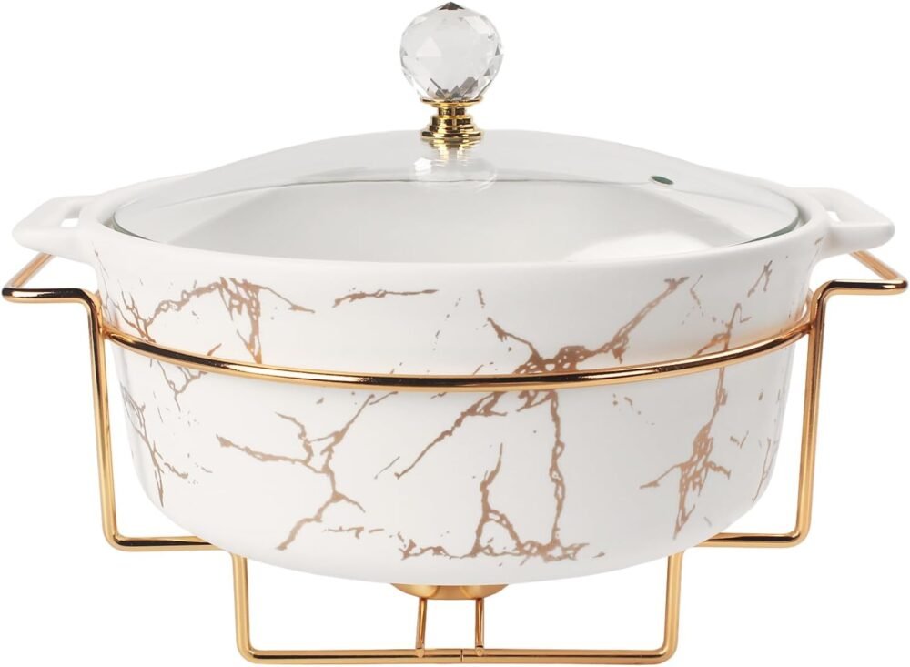 8.7" Ceramic Casserole Dish with Glass Lid and Gold rack, 2 Quart Serving Soup Tureen,Chafing Dish for Buffet, Family Food preserve Tray, Catering Casserole for Party Style