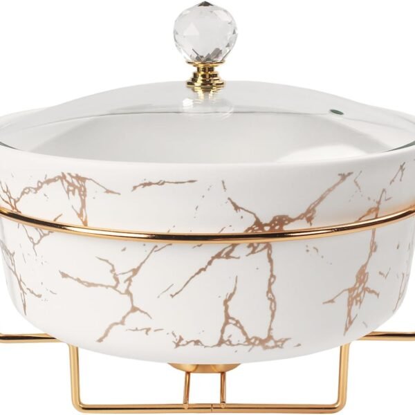 8.7" Ceramic Casserole Dish with Glass Lid and Gold rack, 2 Quart Serving Soup Tureen,Chafing Dish for Buffet, Family Food preserve Tray, Catering Casserole for Party Style