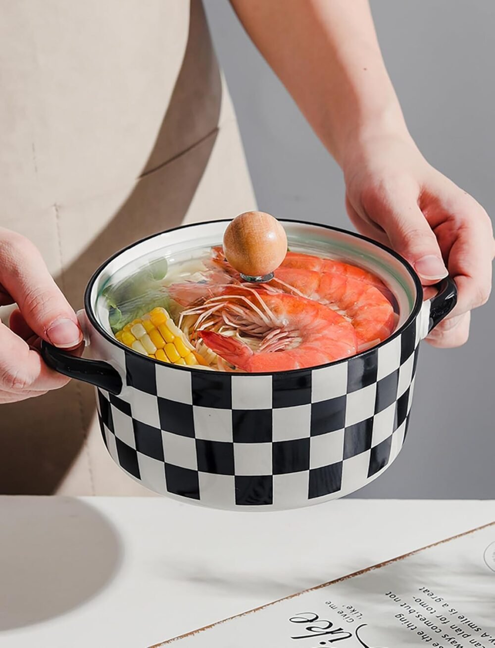 Ceramic Serving Soup Tureen Bowls With Glass Lid, Large Capacity For Home Kitchen Countertop Decoration, Microwave And Dishwasher Safe(Black Lines) - Image 2