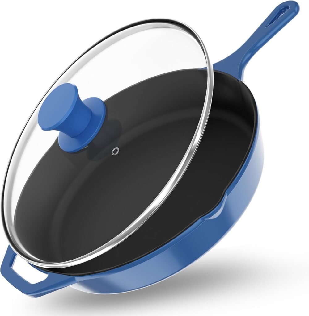 12 inch Saute Fry Pan Pre-Seasoned Cast Iron Skillet With Lid, Frying Pan, Cast Iron Pan, Safe Grill Cookware for Indoor & Outdoor Use - Cooking Gift for Men & Women (Blue)